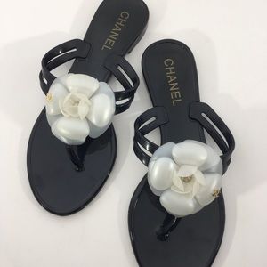 Chanel Black Vinyl Camellia Jellies Sandals